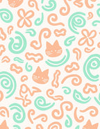 Playful Peach Cat Swirls Green Abstract Rug