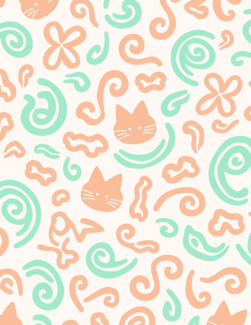 Playful Peach Cat Swirls Green Abstract Rug