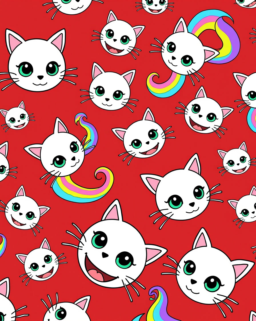Whimsical White Cats Rainbow Tails Rug