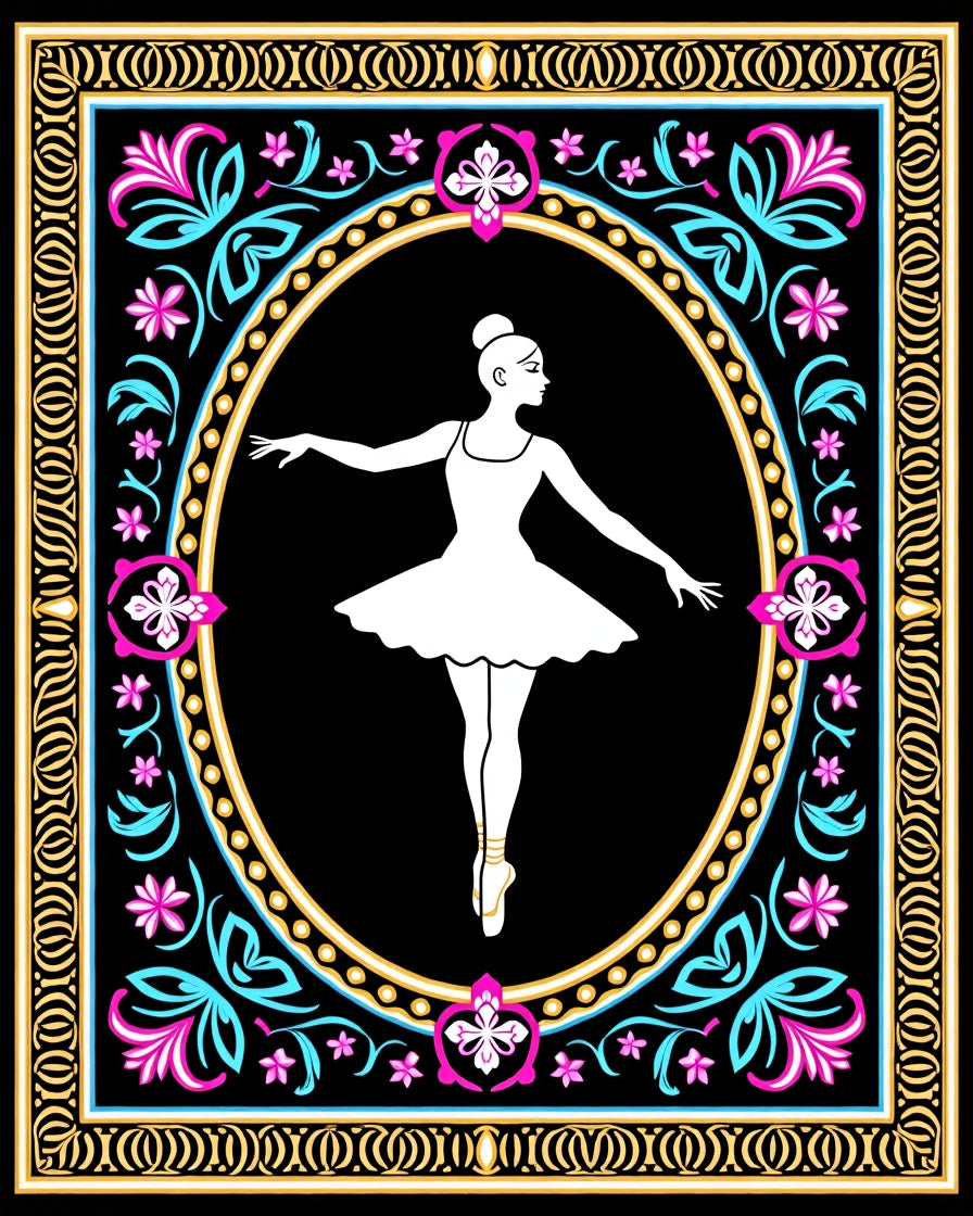 White Ballerina Floral Frame Black Rug
