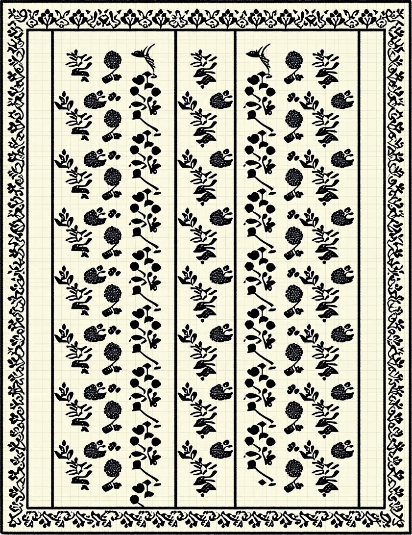 Cream Black Floral Vine Stripes Rug