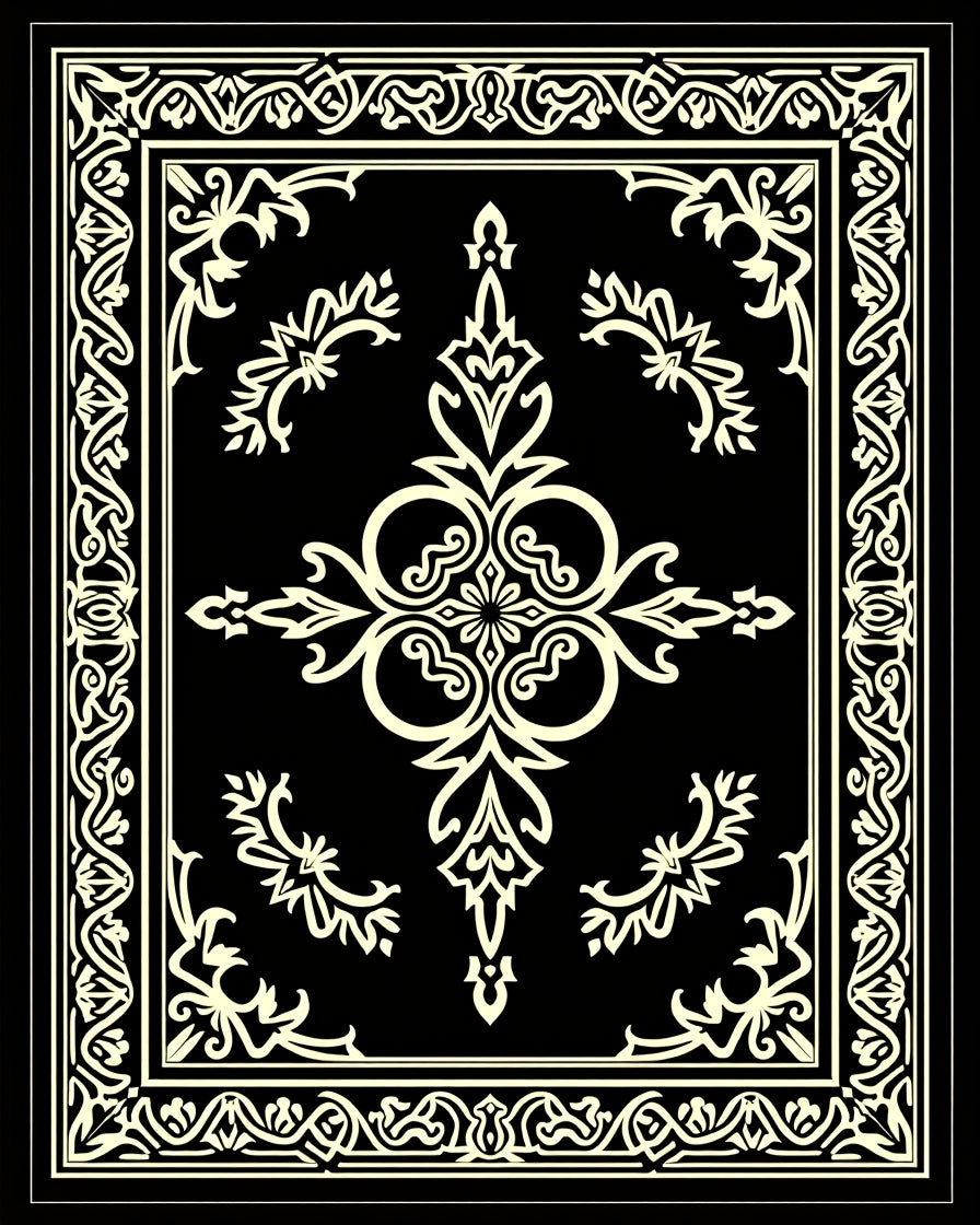 Black Cream Ivory Intricate Scroll Frame Rug