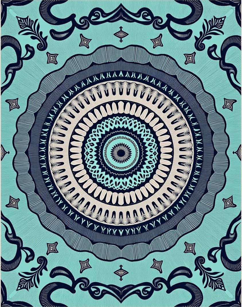 Teal Navy Intricate Mandala Art Rug