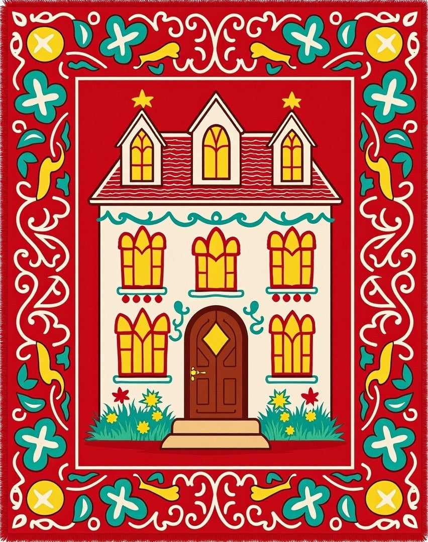 Festive red house with yellow windows Rug