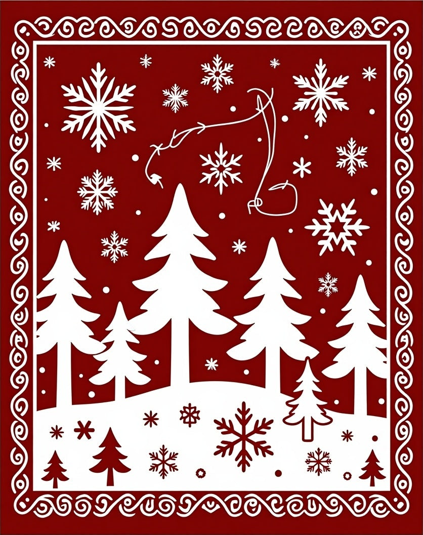 Crimson Winter Forest Snowflake Scene Rug