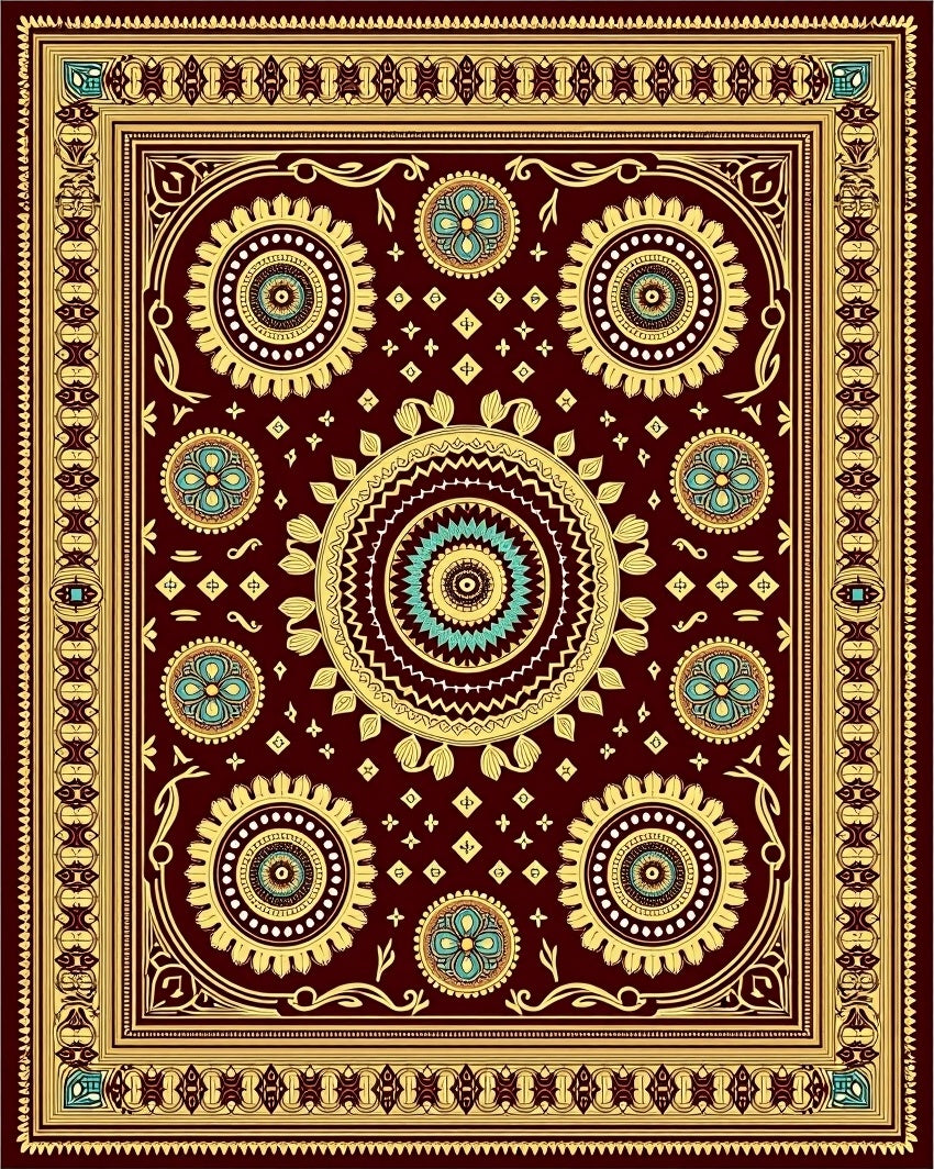Burgundy Golden Teal Mandala Floral Rug
