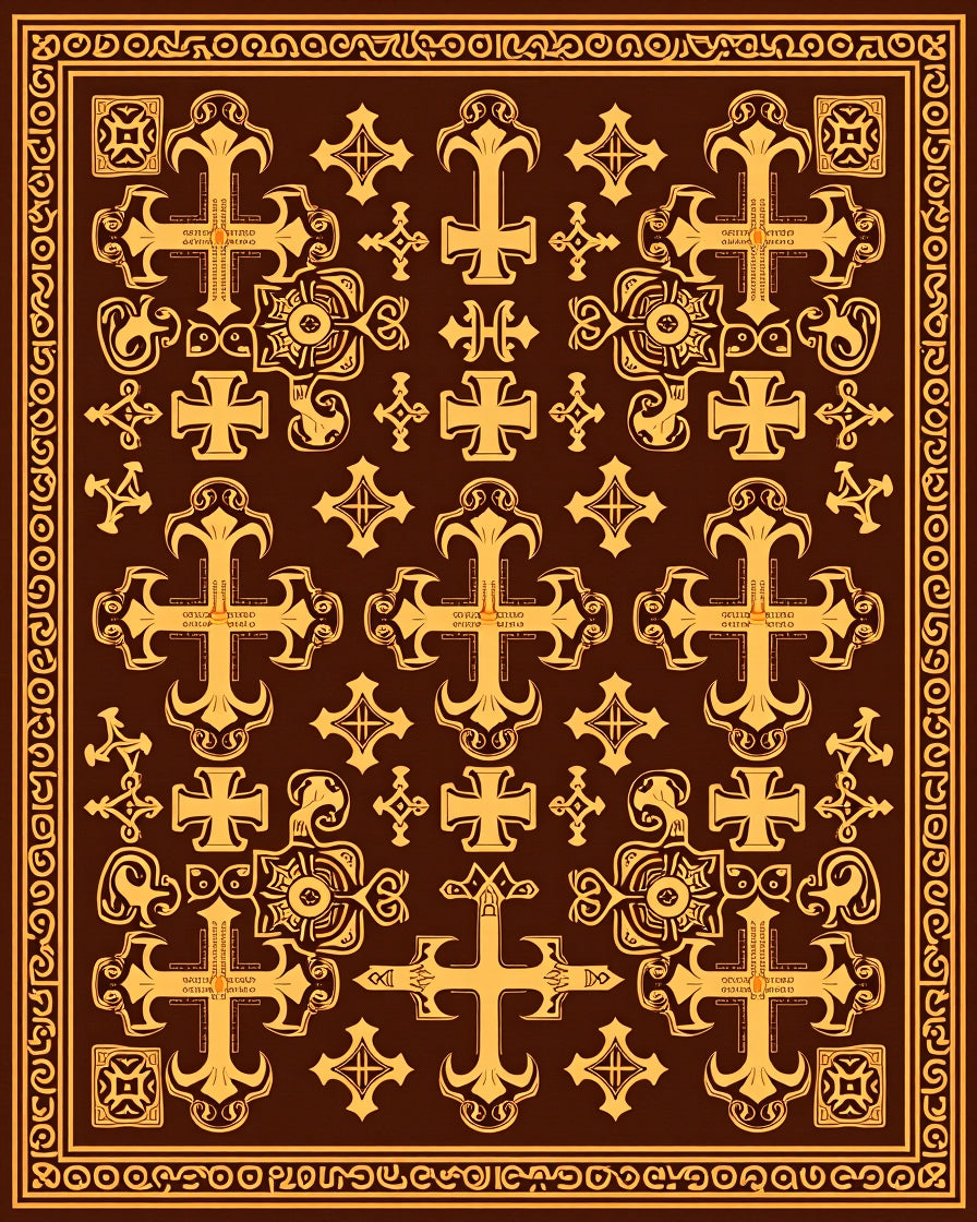 Ornate Gold Crosses Brown Border Rug