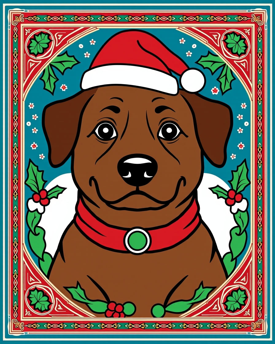 Festive Brown Dog Christmas Holly Frame Rug