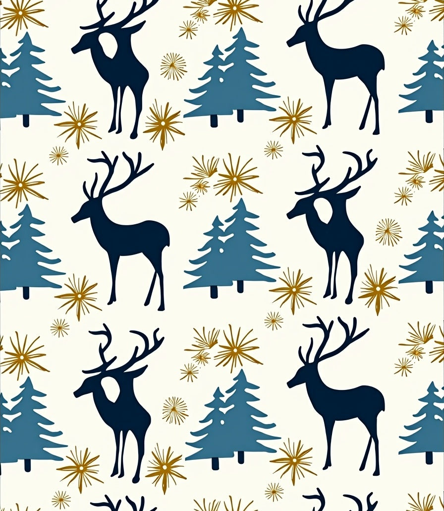 Navy Deer Pine Snowflakes Gold Rug