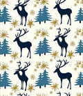 Navy Deer Pine Snowflakes Gold Rug