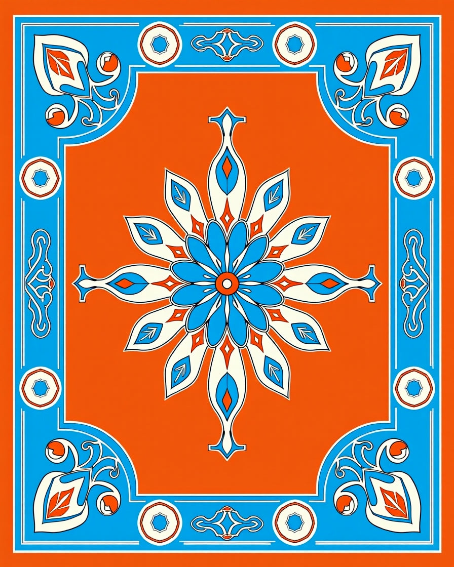 Vibrant Blue Orange Floral Medallion Rug