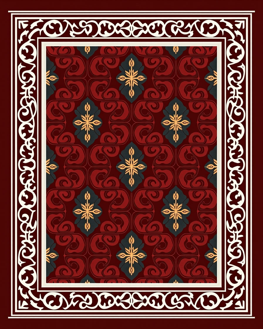 Crimson Gold Leaf Swirl Medallion Rug