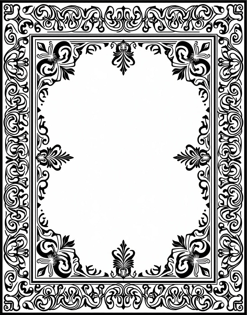 Ornate Black Floral Scroll Border Rug