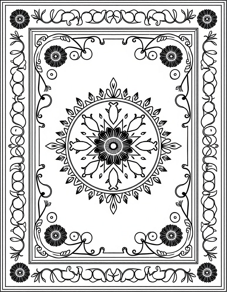 Black White Floral Medallion Scrollwork Rug