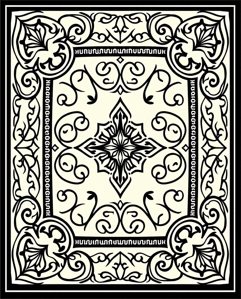 Ivory Black Ornamental Script Medallion Rug
