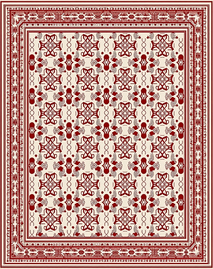 Crimson Symmetrical Floral Border Rug
