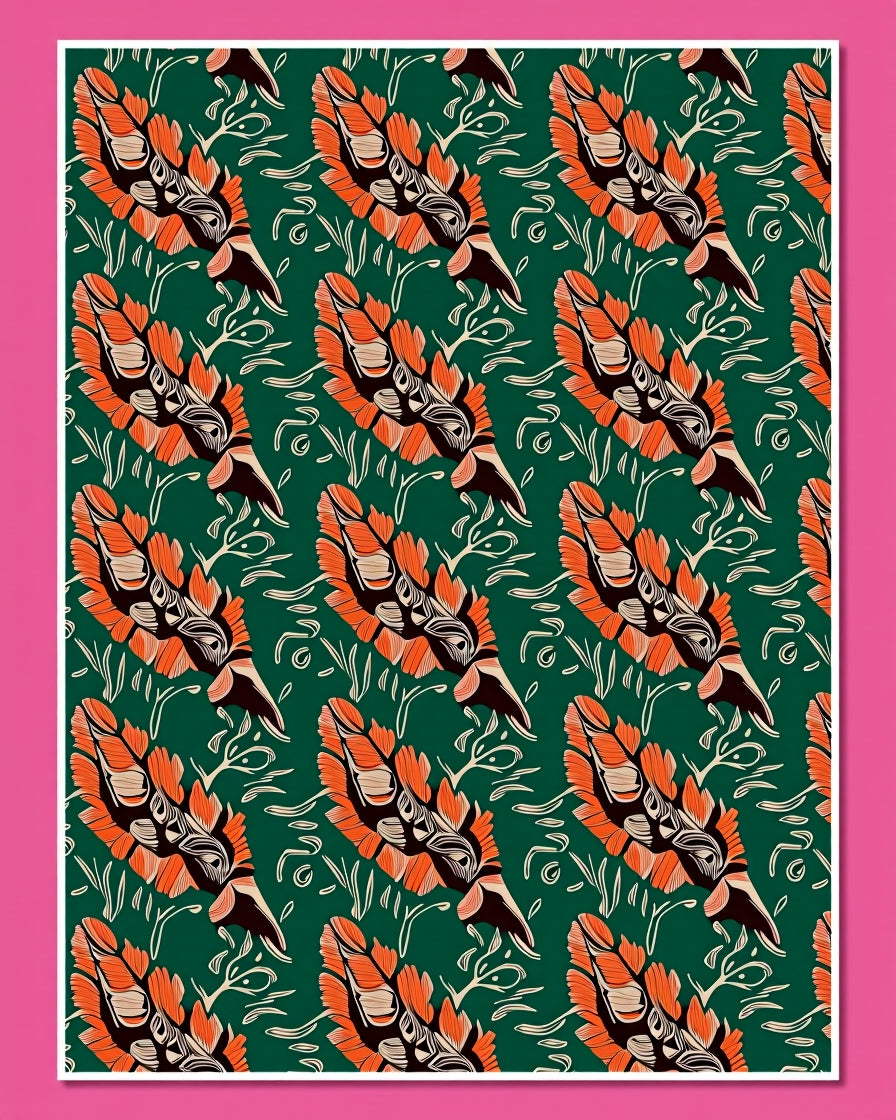 Emerald Green Orange Feather Medallion Rug
