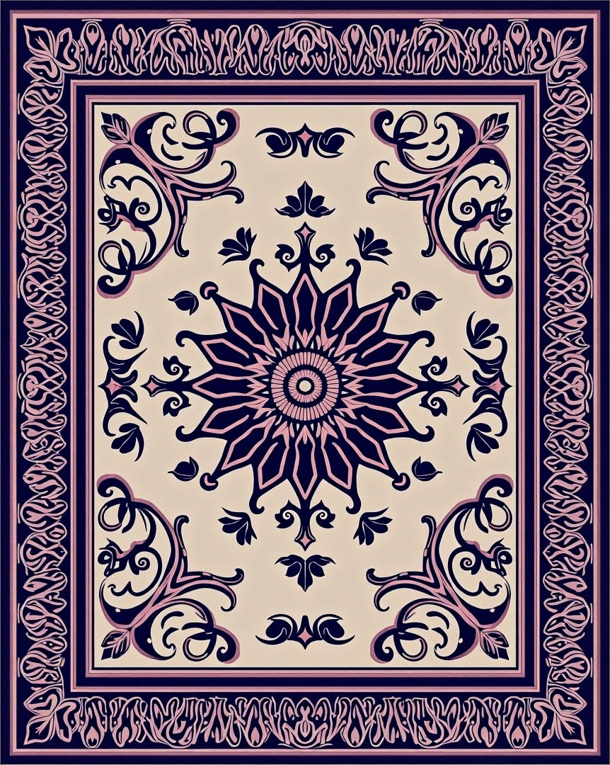 Deep Navy Pink Floral Medallion Border Rug