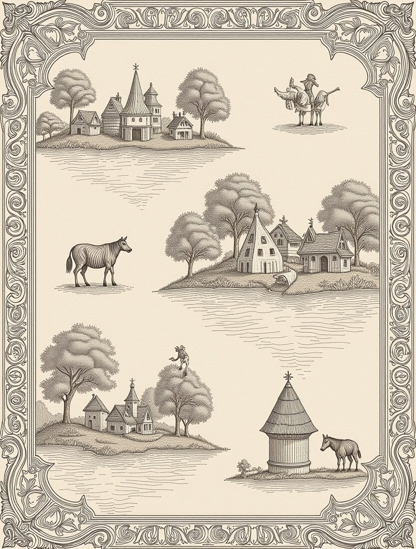 Vintage Countryside Village Folk Art Scene Rug