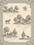 Vintage Countryside Village Folk Art Scene Rug