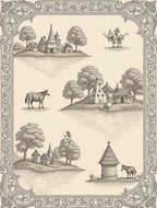 Vintage Countryside Village Folk Art Scene Rug