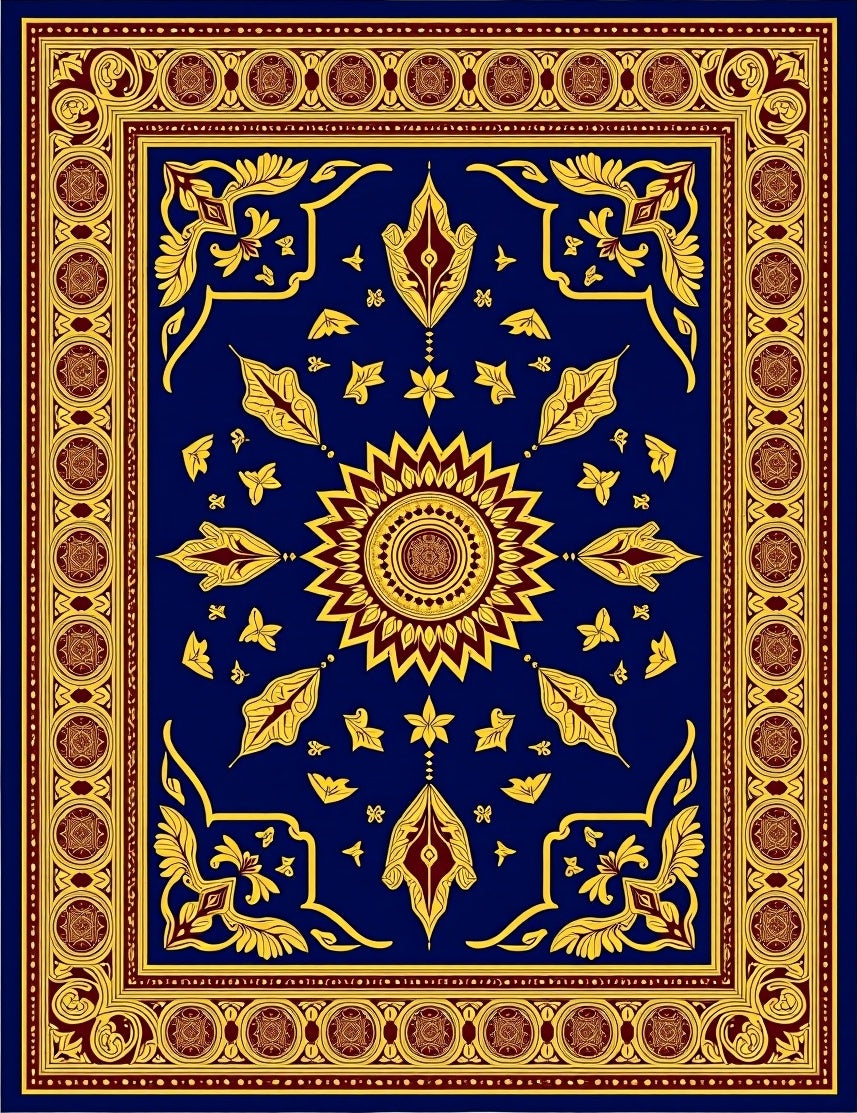 Deep Blue Golden Sunburst Medallion Rug