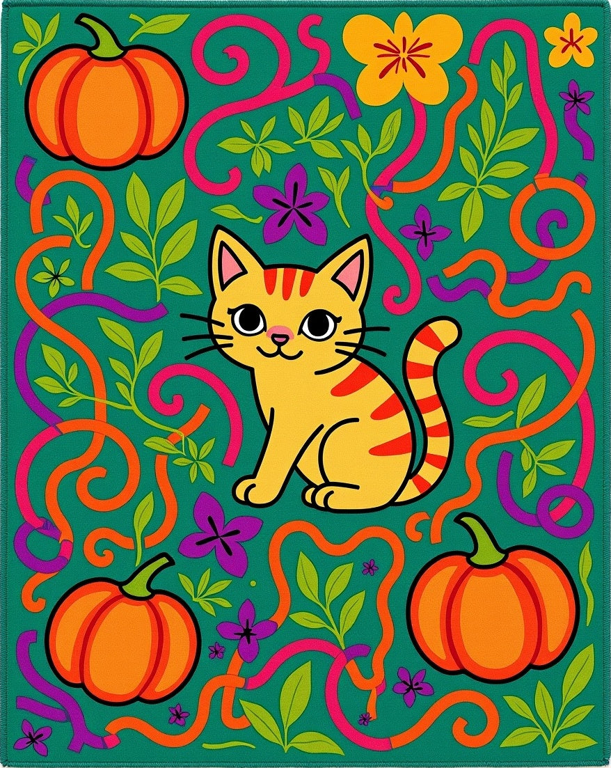 Whimsical Orange Pumpkin Cat Garden Rug