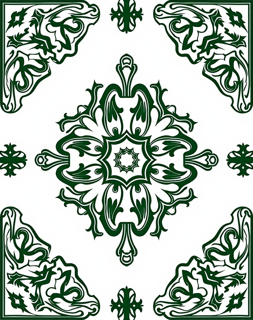 Deep Green Floral Medallion Corners Rug