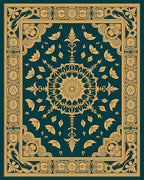 Teal Gold Mandala Floral Border Rug
