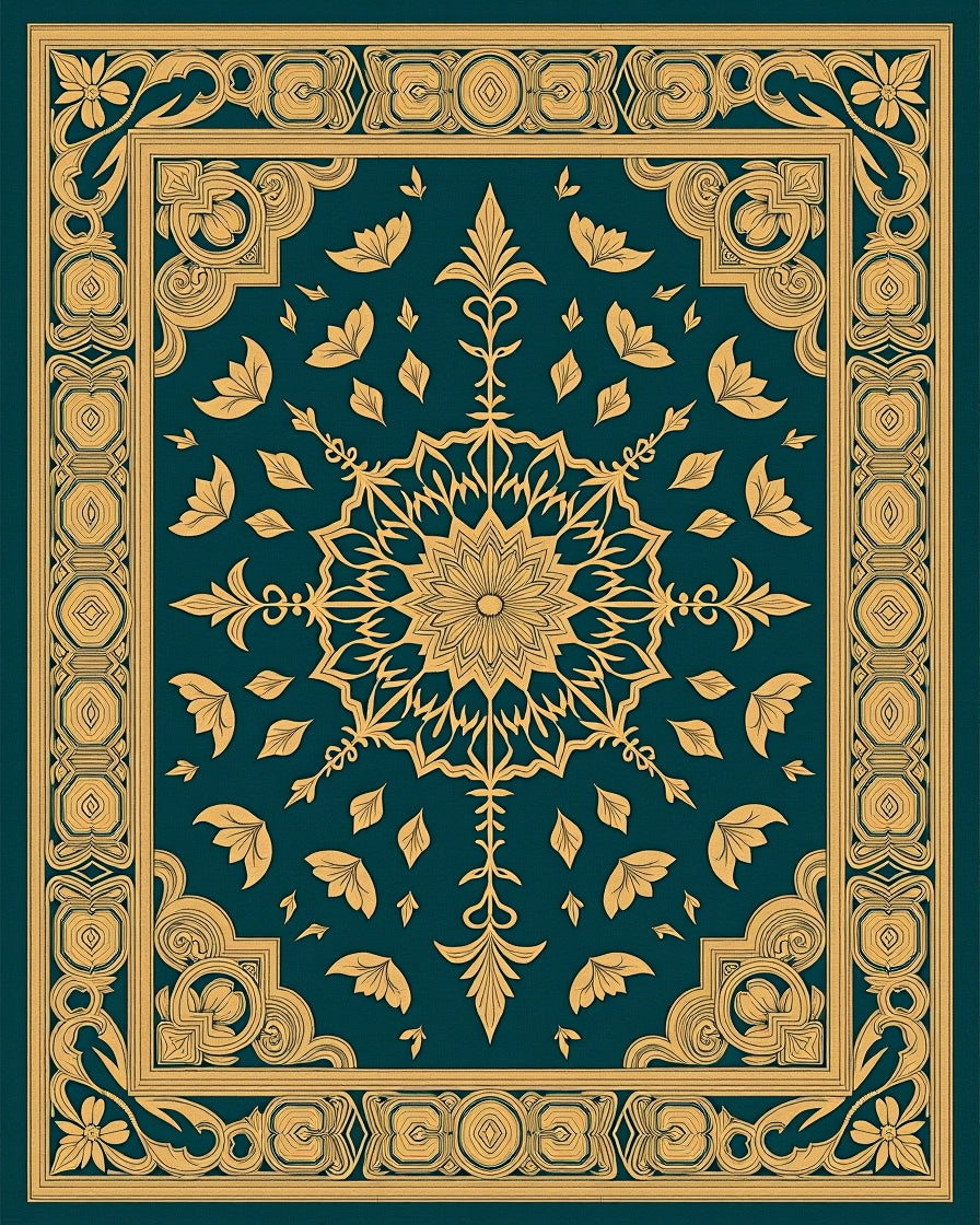 Teal Gold Mandala Floral Border Rug