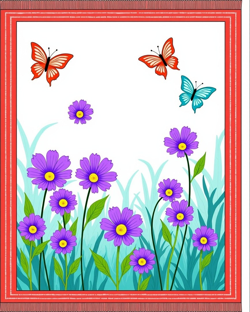 Whimsical Purple Flowers Red Butterflies Garden Rug