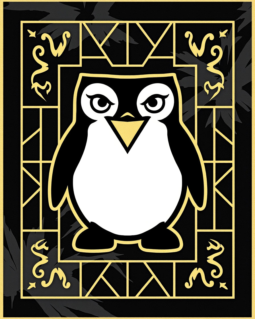 Playful Black White Penguin Art Nouveau Rug