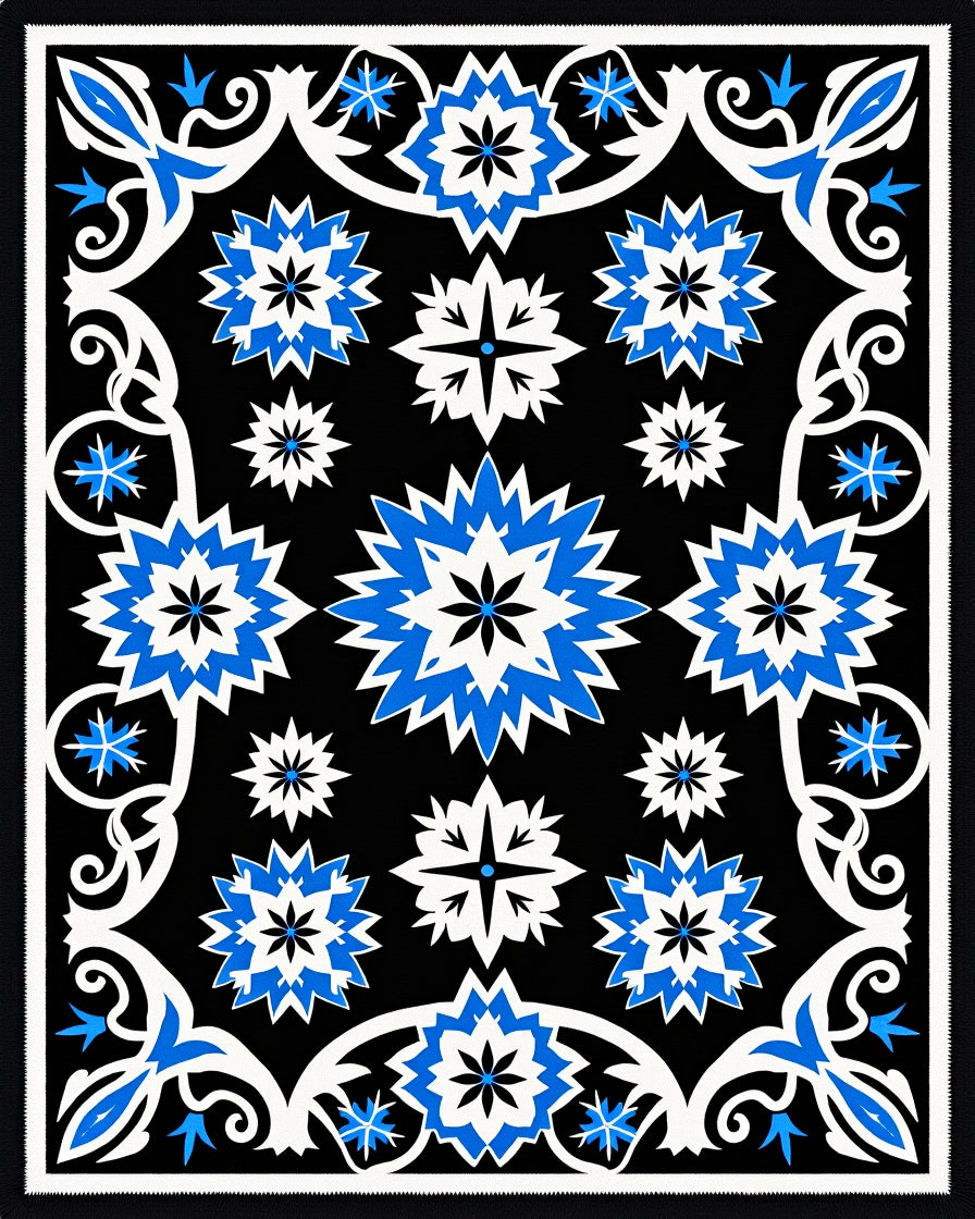 Black Floral Starburst Cobalt Blue Rug