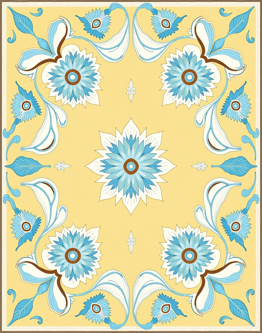 Yellow Floral Medallion with Blue Accents Rug