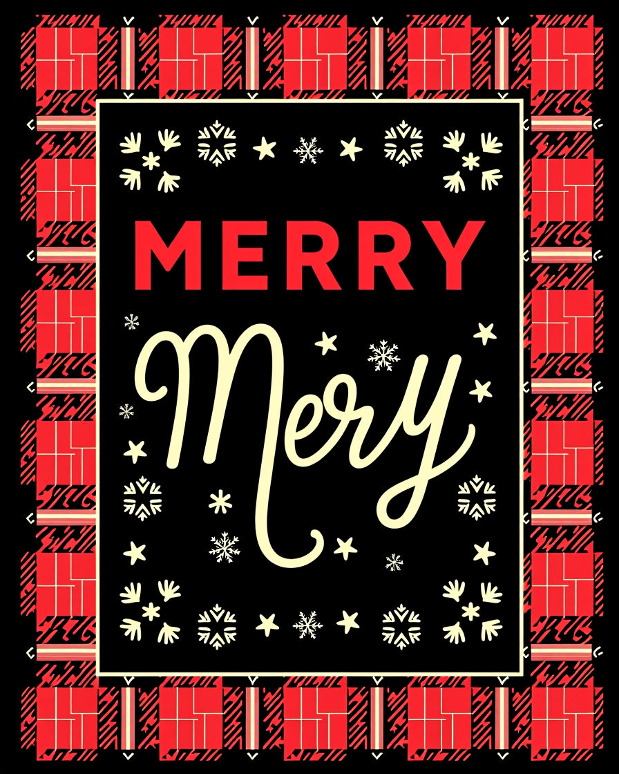 Red Black Plaid Snowflake Border Rug