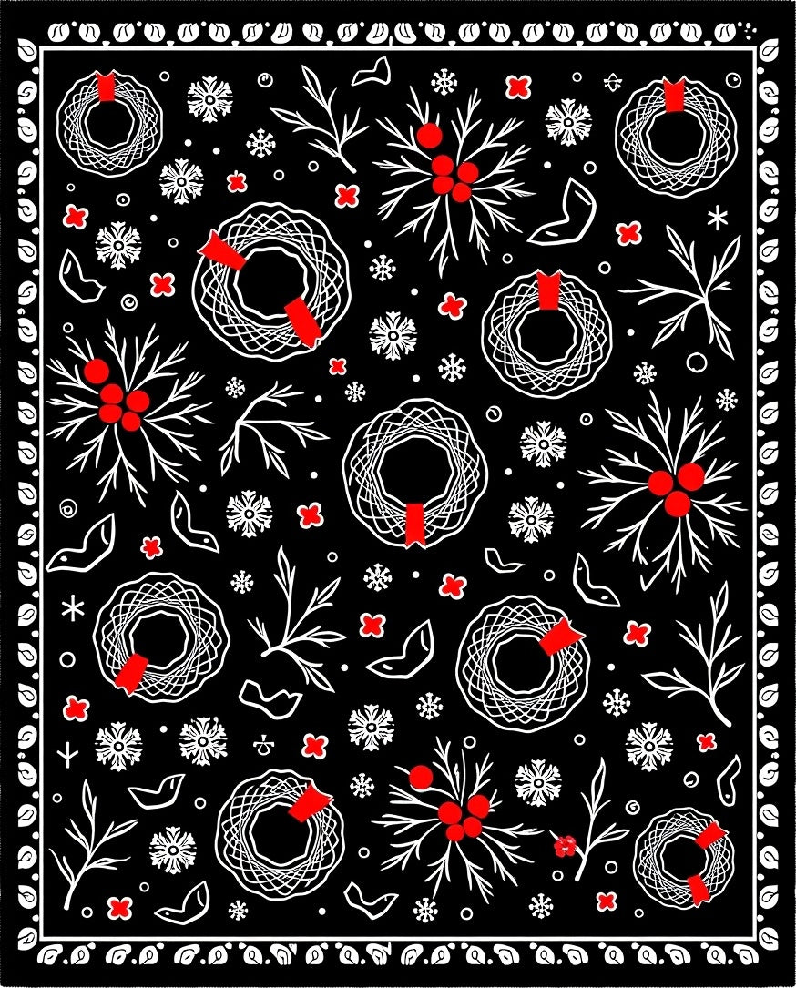 Black Red White Wreath Snowflake Holiday Rug