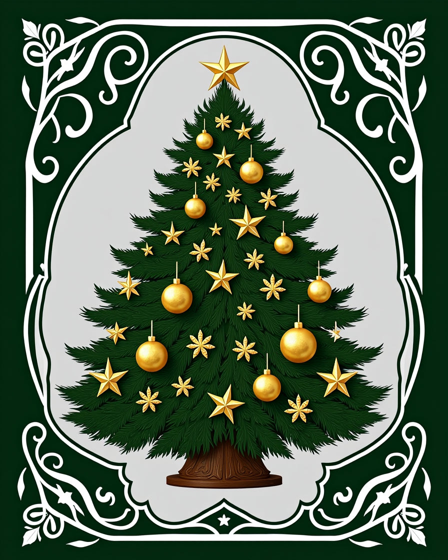 Festive Evergreen Christmas Tree Gold Ornaments Rug