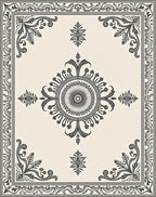 Ornate Black White Floral Border Rug