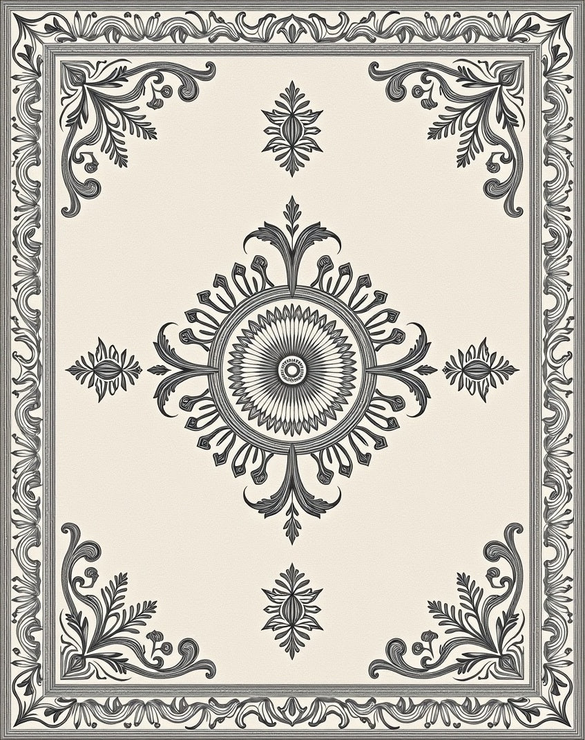 Ornate Black White Floral Border Rug