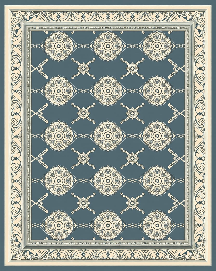 Cream Floral Motif On Slate Blue Rug