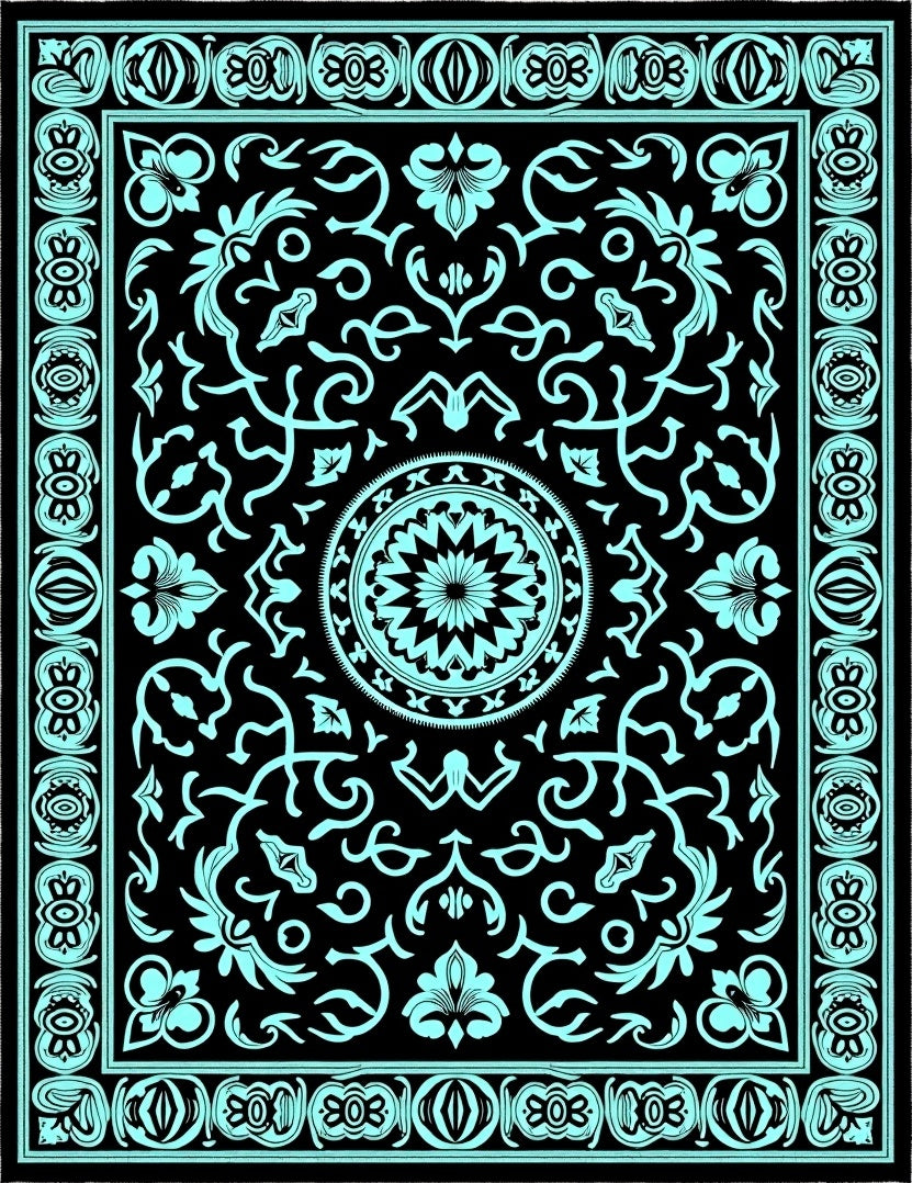 Aqua Black Floral Medallion Border Rug