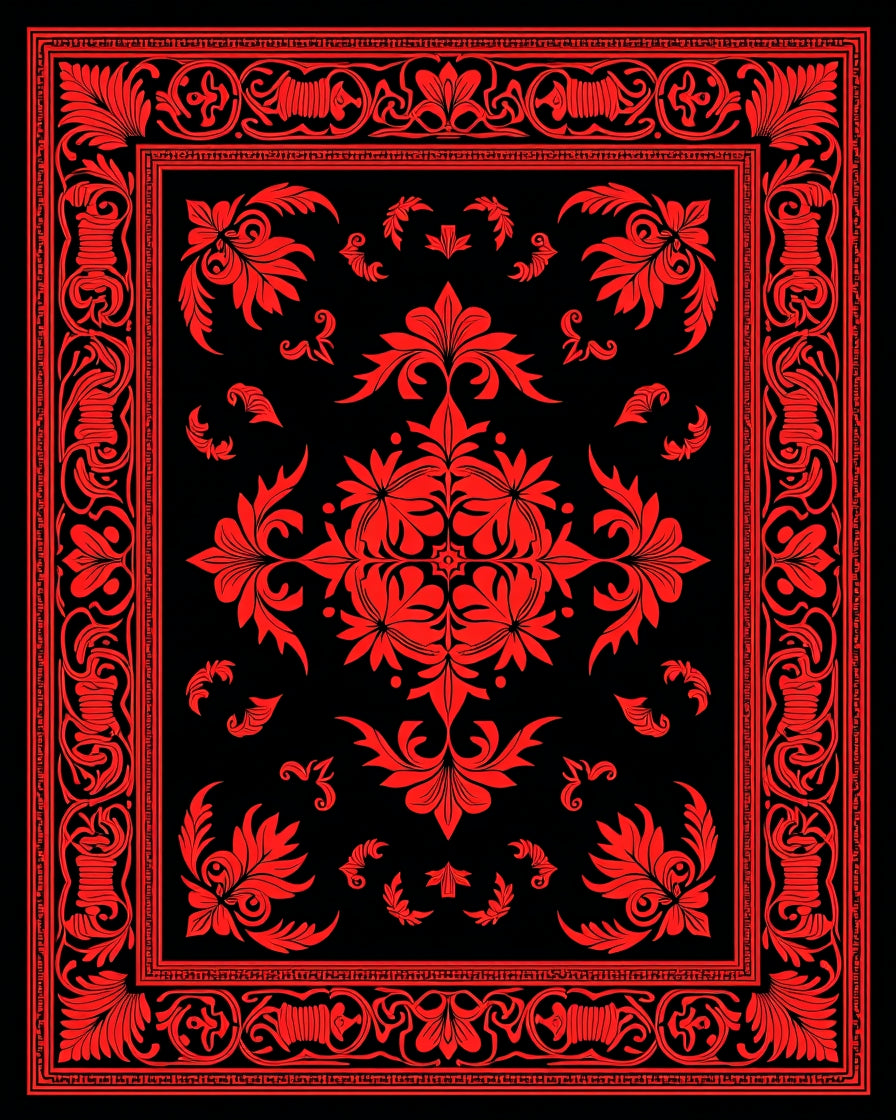 Crimson Floral Medallion Black Rug