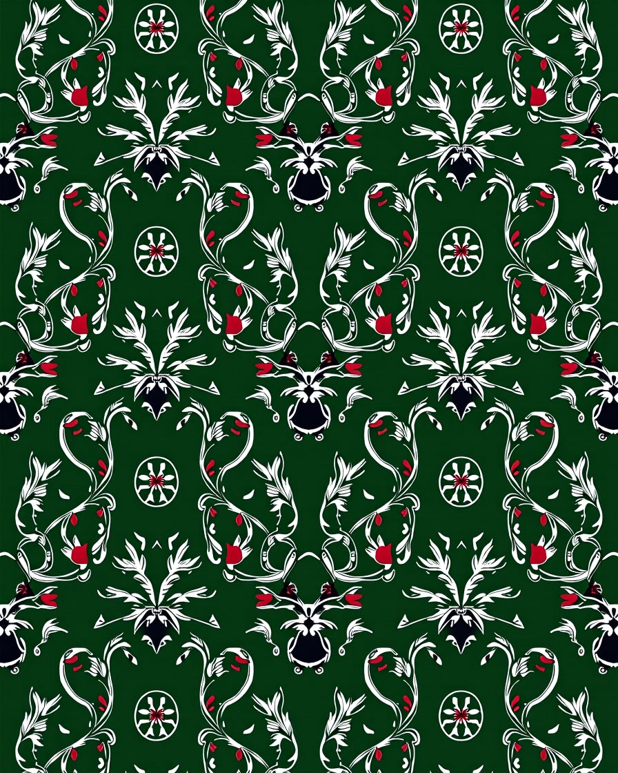 Emerald Green White Red Floral Scroll Rug