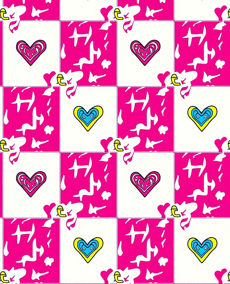 Vibrant Pink Blue Yellow Heart Checkered Rug