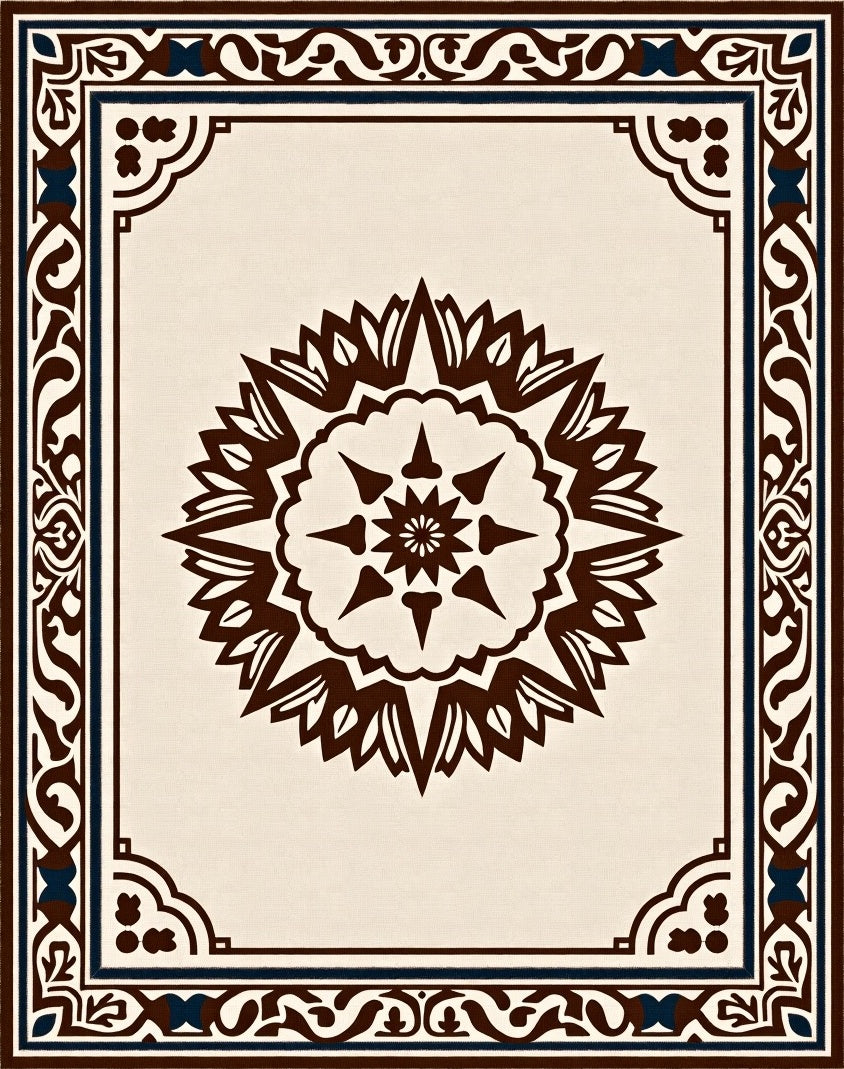 Cream Brown Ornamental Starburst Frame Rug