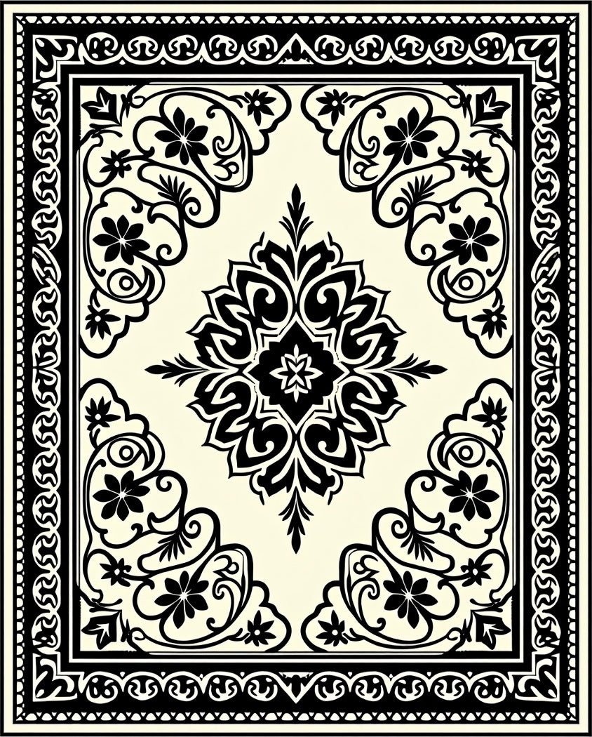 Black Cream Floral Medallion Borders Rug