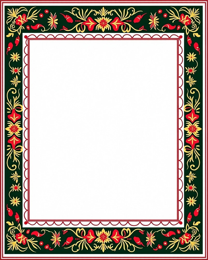 Dark Green Red Yellow Floral Border Rug