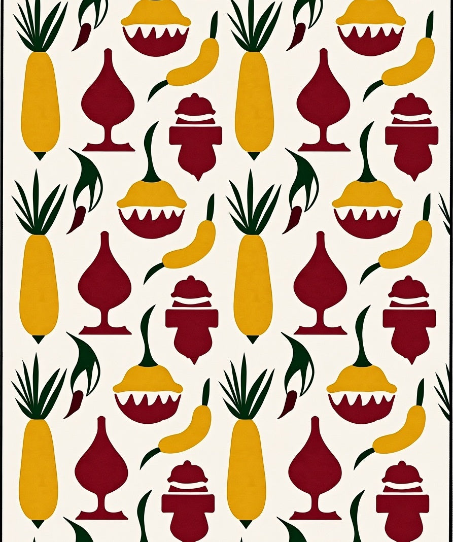 Yellow Maroon Botanical Folk Elements Rug