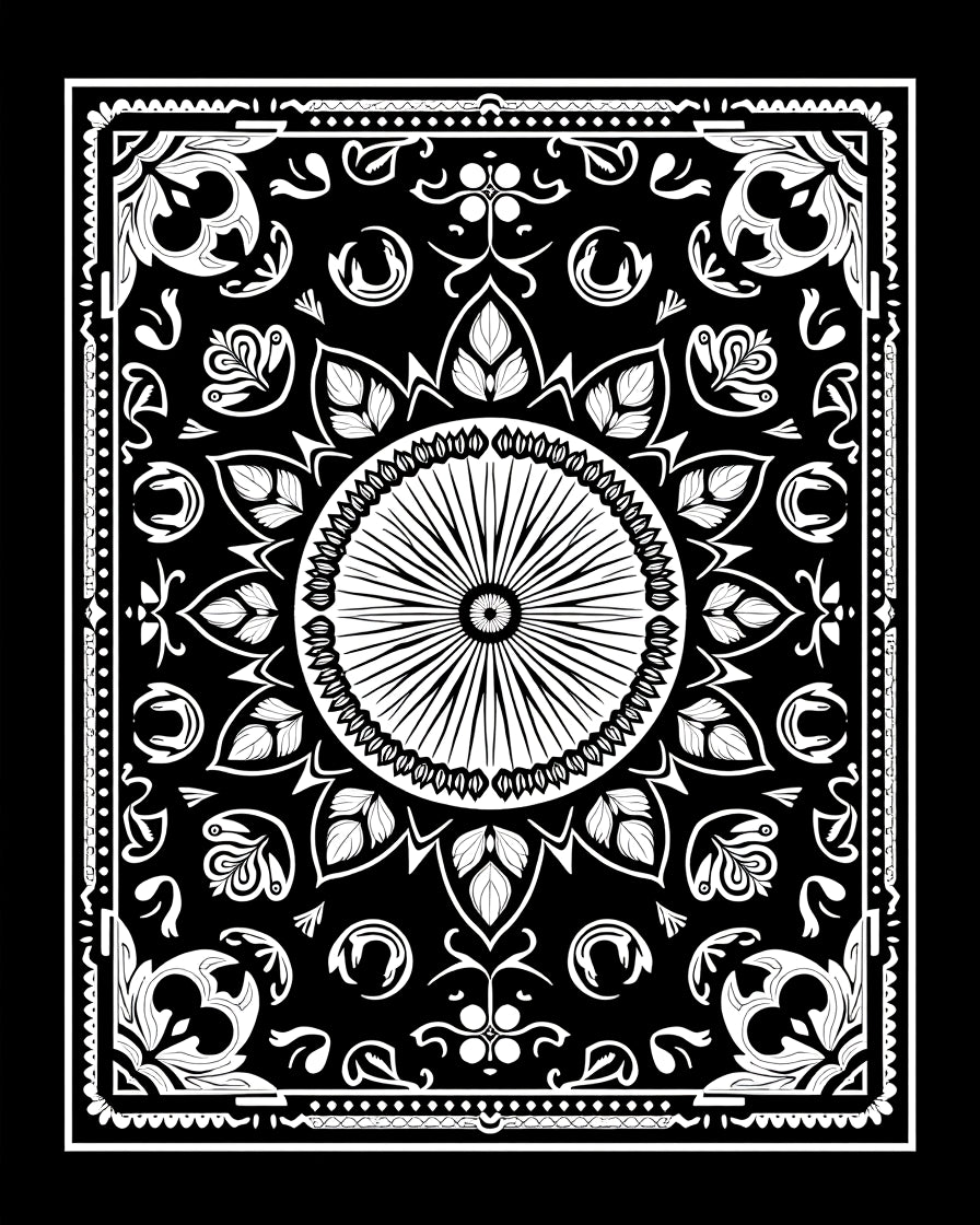 Ornate Black White Sunburst Paisley Rug