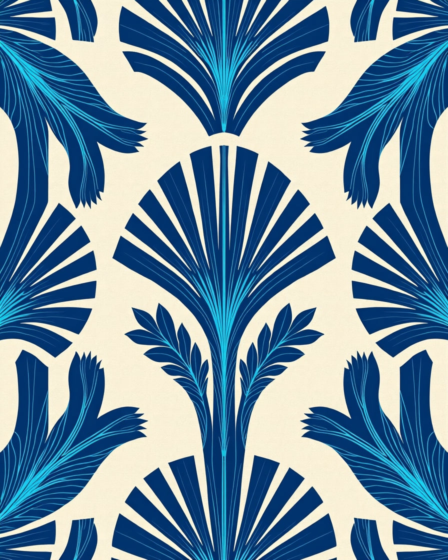 Art Deco Blue Palm Leaf Repeat Rug